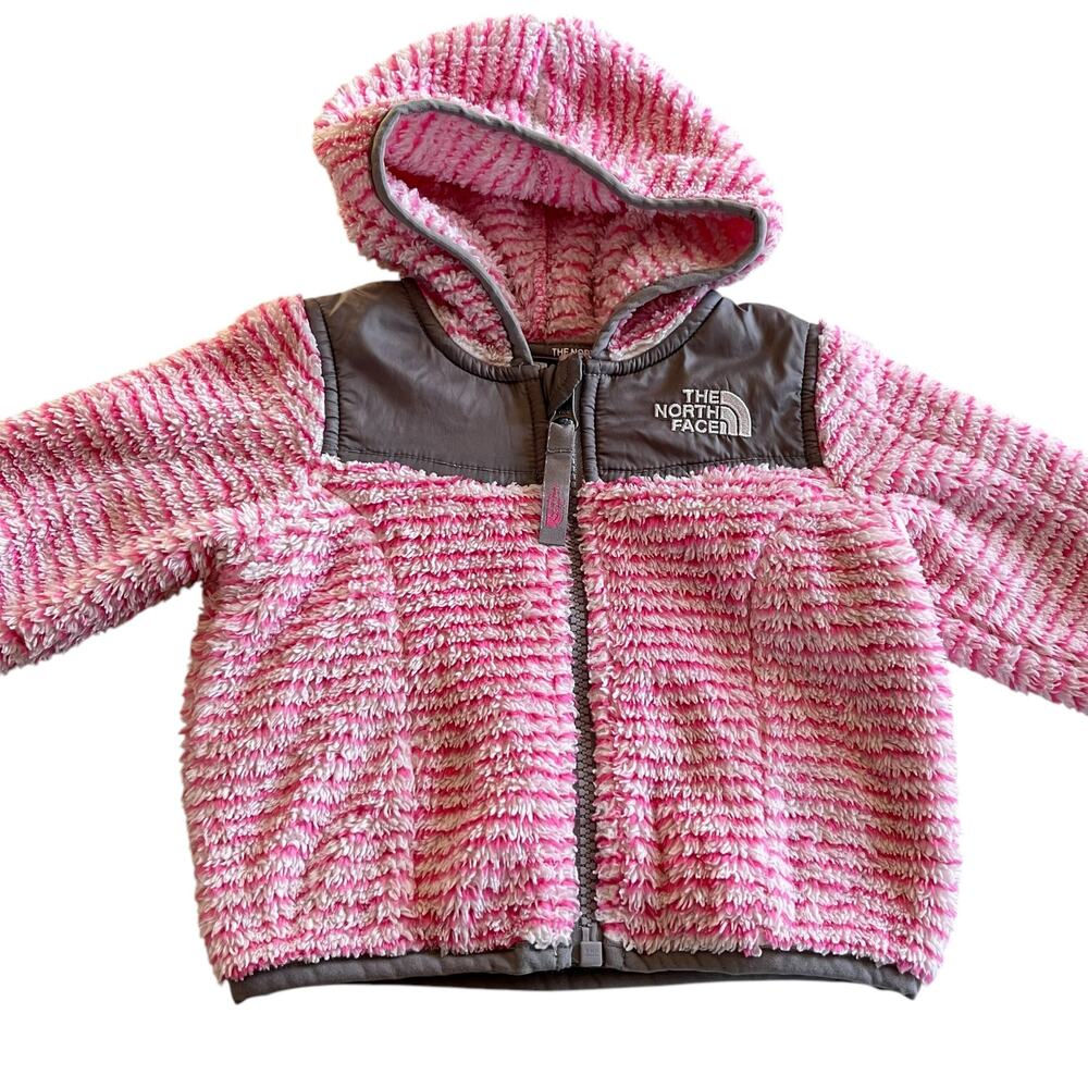 The North Face girls Oso pink stripe polar fleece hooded jacket size 3-6 mos